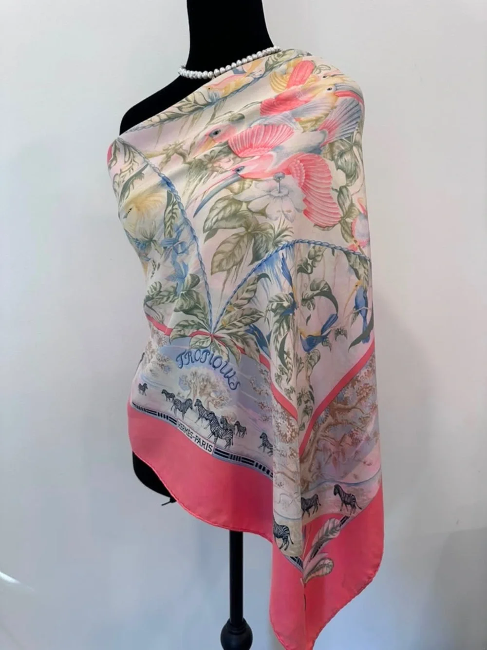 Hermes Silk Scarf Pink White Hand Rolled Made in France